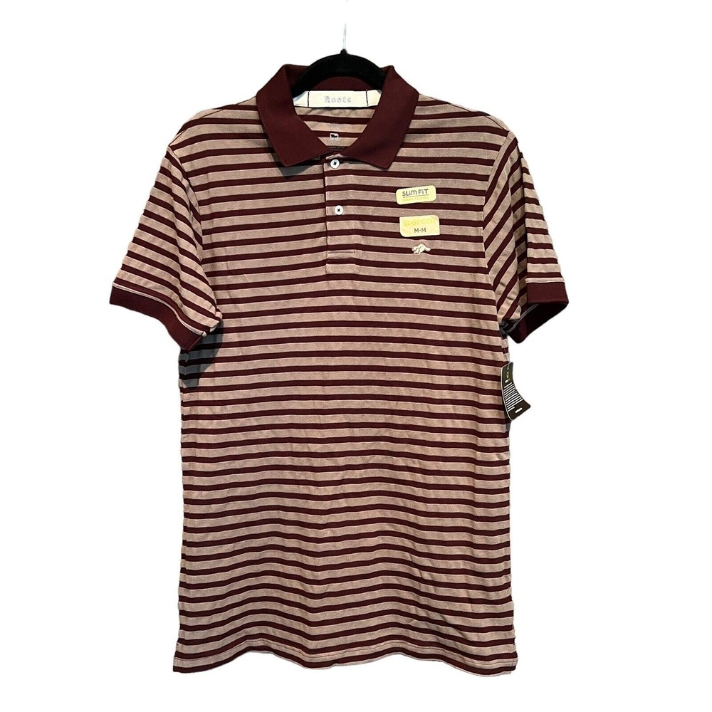 NEW Roots Pique Polo Shirt Slim Fit Burgundy Taupe Stripe Beaver Logo Medium NWT